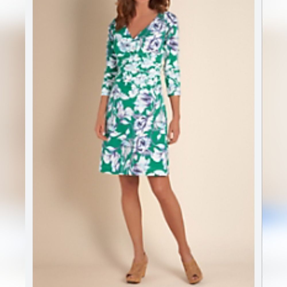 Soft Surroundings Green Floral V‑Neck Jersey Dress